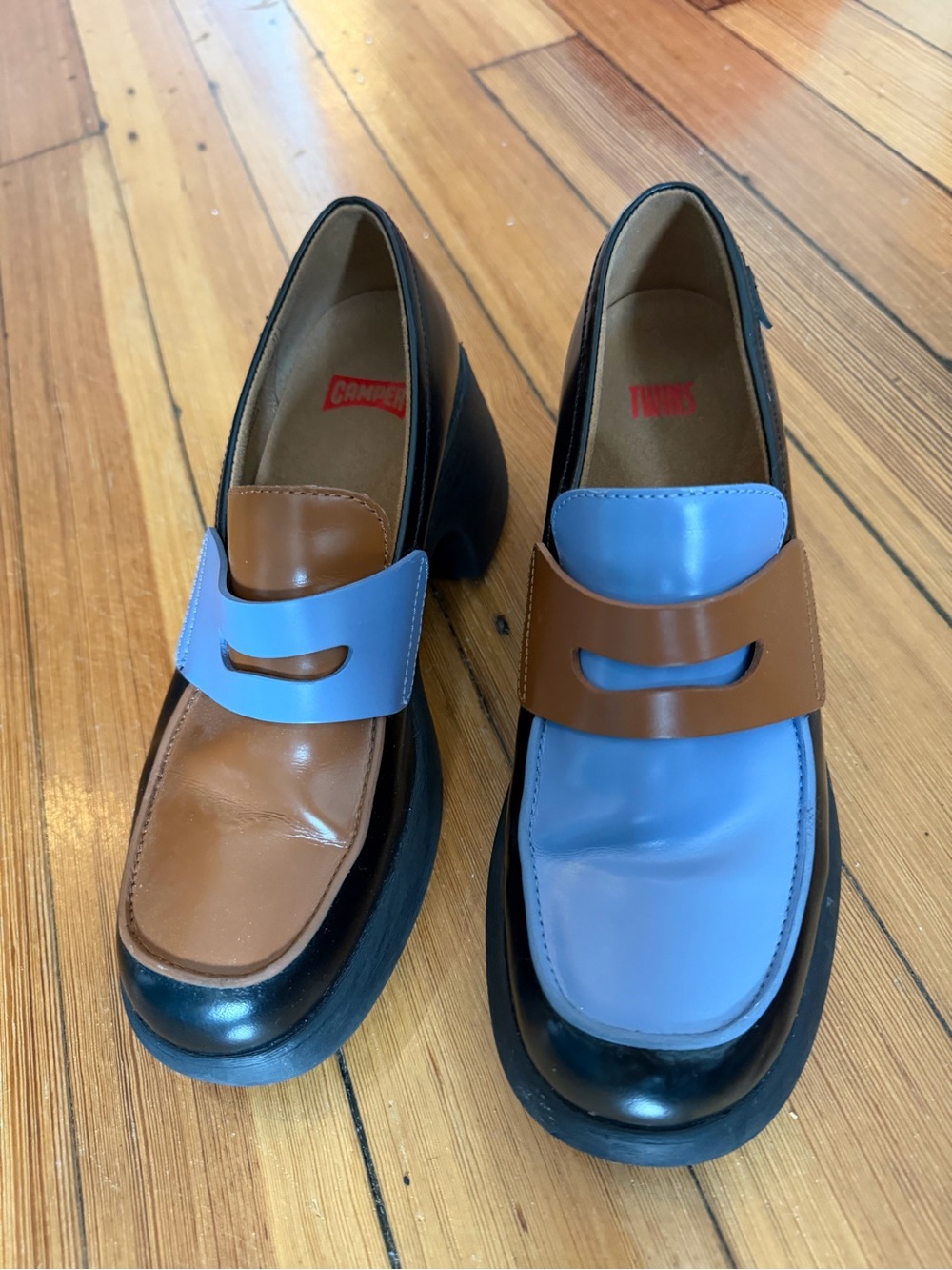 Camper Two-Tone Blue and Brown Women's Heeled Loafers with Black Sole